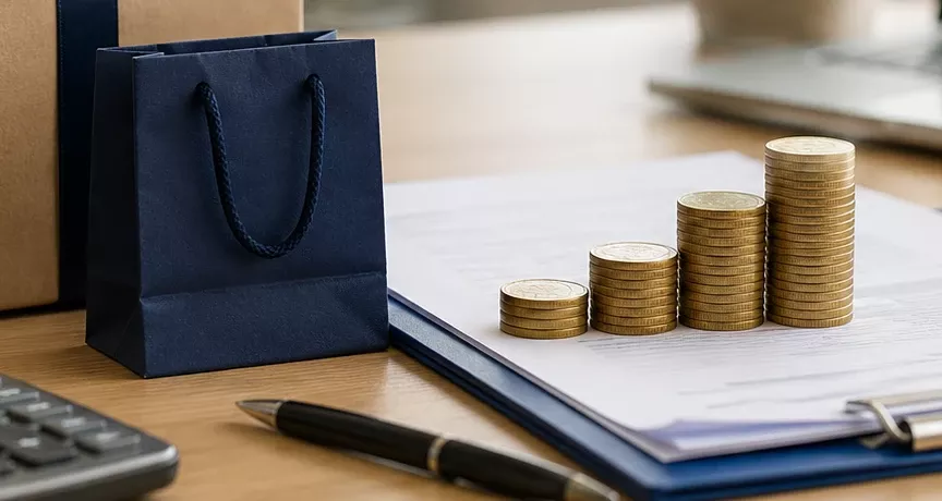 Stos monet rosnący obok dokumentów i granatowej torby na prezent, symbolizujący podatek od nagród i benefitów pracowniczych